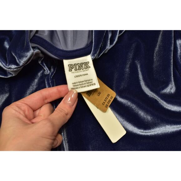 NEW Victoria's Secret PINK Velour Cropped Zip Up Hoodie Navy Blue Rhinestone L - Picture 8 of 8